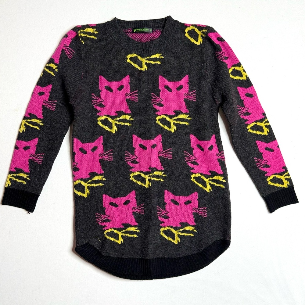 Monte Milano Gray Sweater with Pink Cat Design Knit Pullover Size Medium